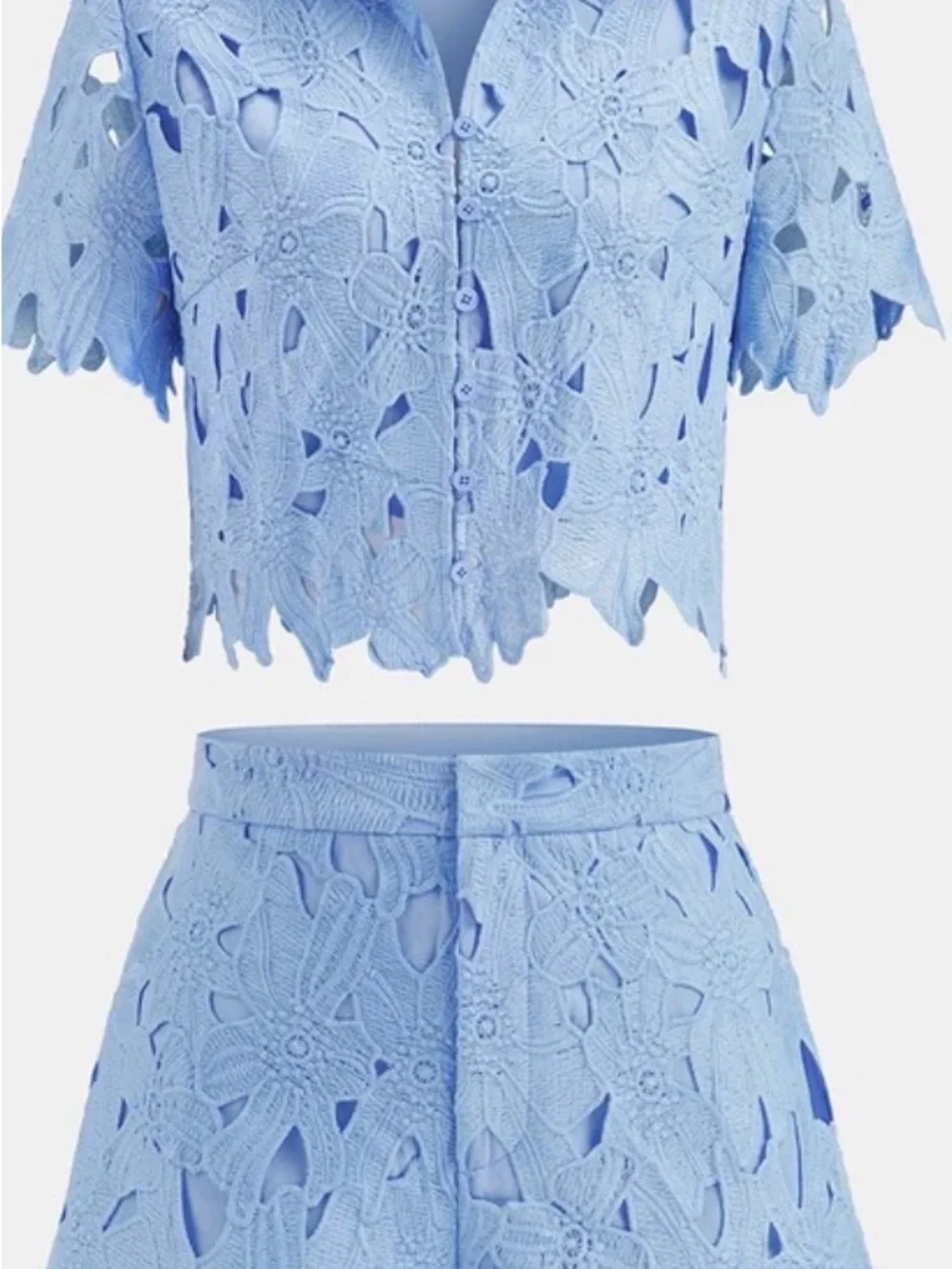 Light Blue Crochet Button-Front Crop Top & Short Set